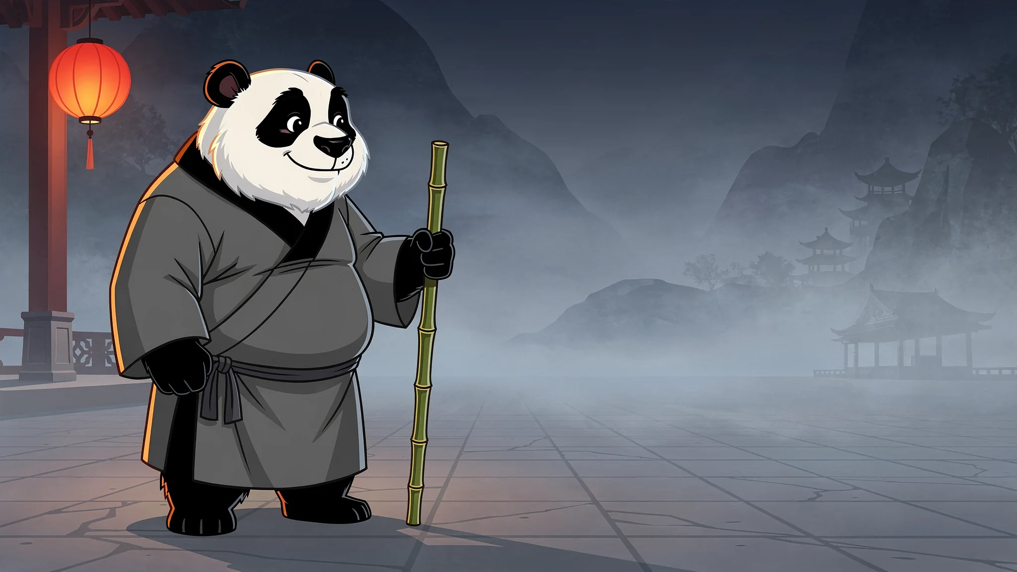 Master Bamboo — wise old cartoon ninja panda in a grey gi, holding a bamboo staff, paper lantern overhead, misty mountain temple in the background